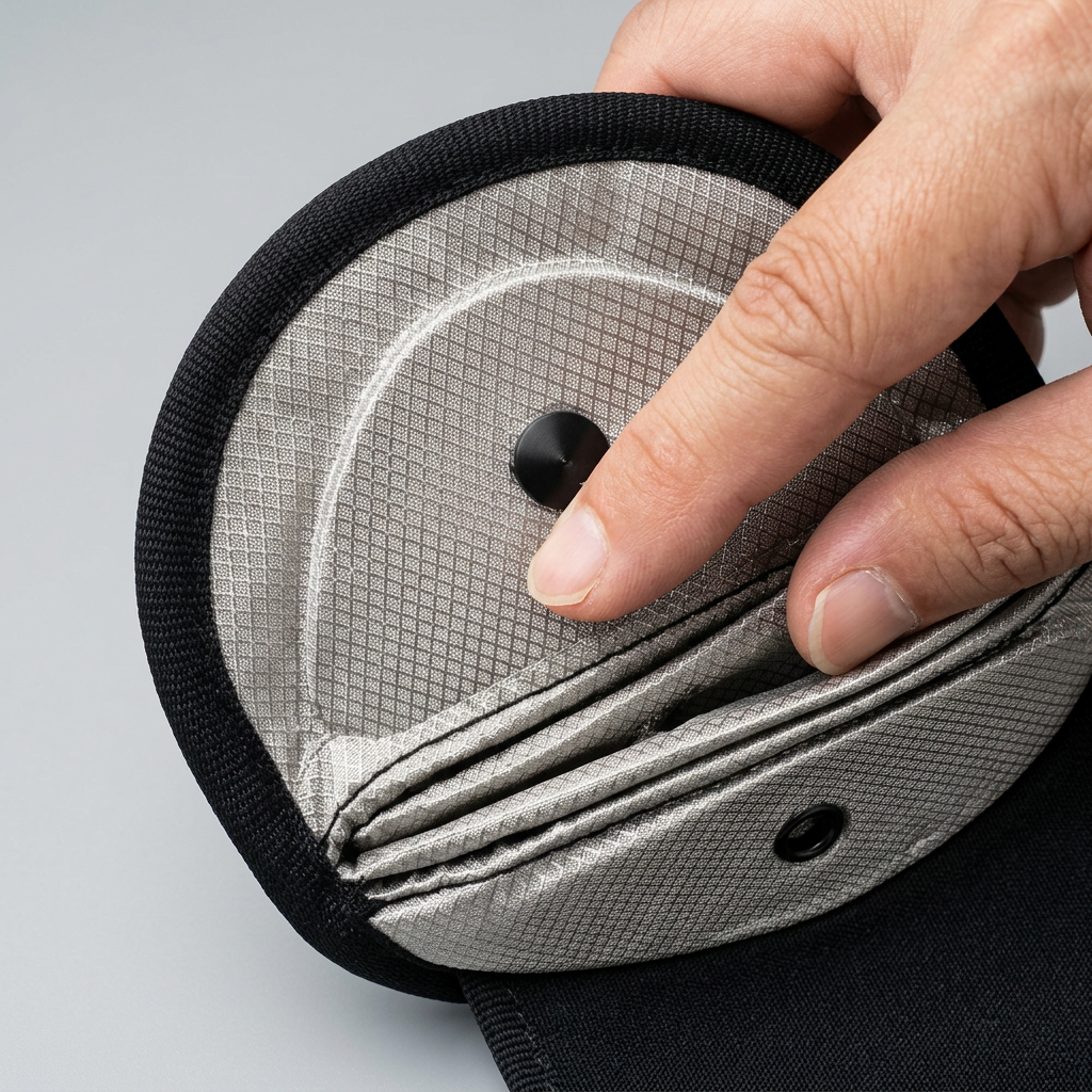 Metallic grid-patterned signal-blocking lining inside a PhoneLock pouch