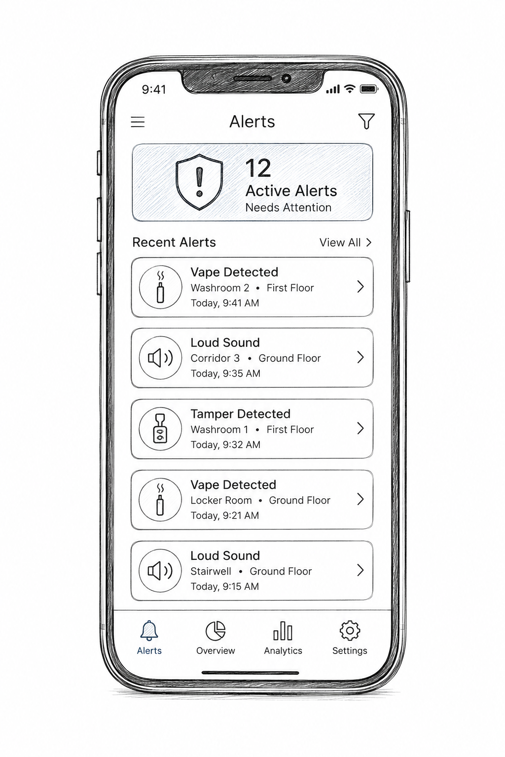 PhoneLock vape detector mobile app showing real-time vape, sound and tamper alerts on a smartphone
