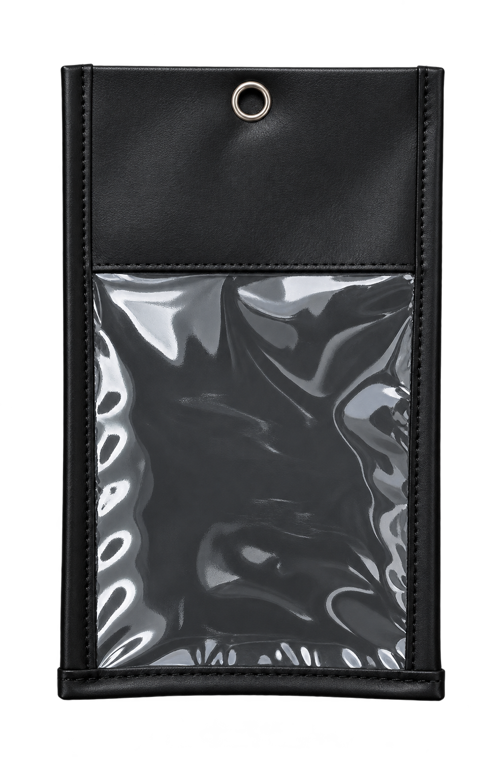 Black PhoneLock event pouch with a clear transparent front window and metal grommet
