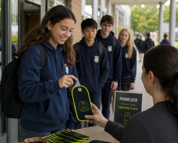 Students handing in phones into PhoneLock pouches at a school entrance
