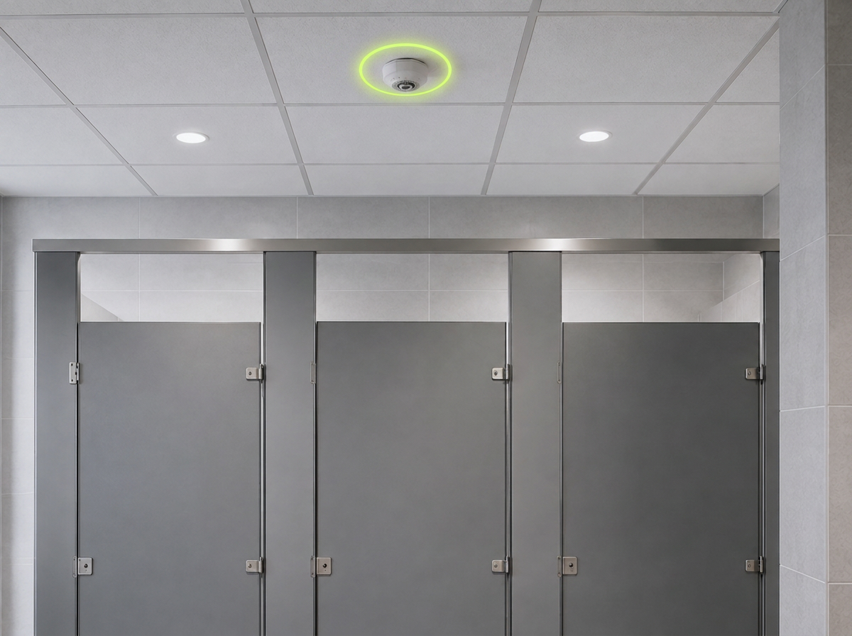 PhoneLock vape detector ceiling-mounted above washroom stalls