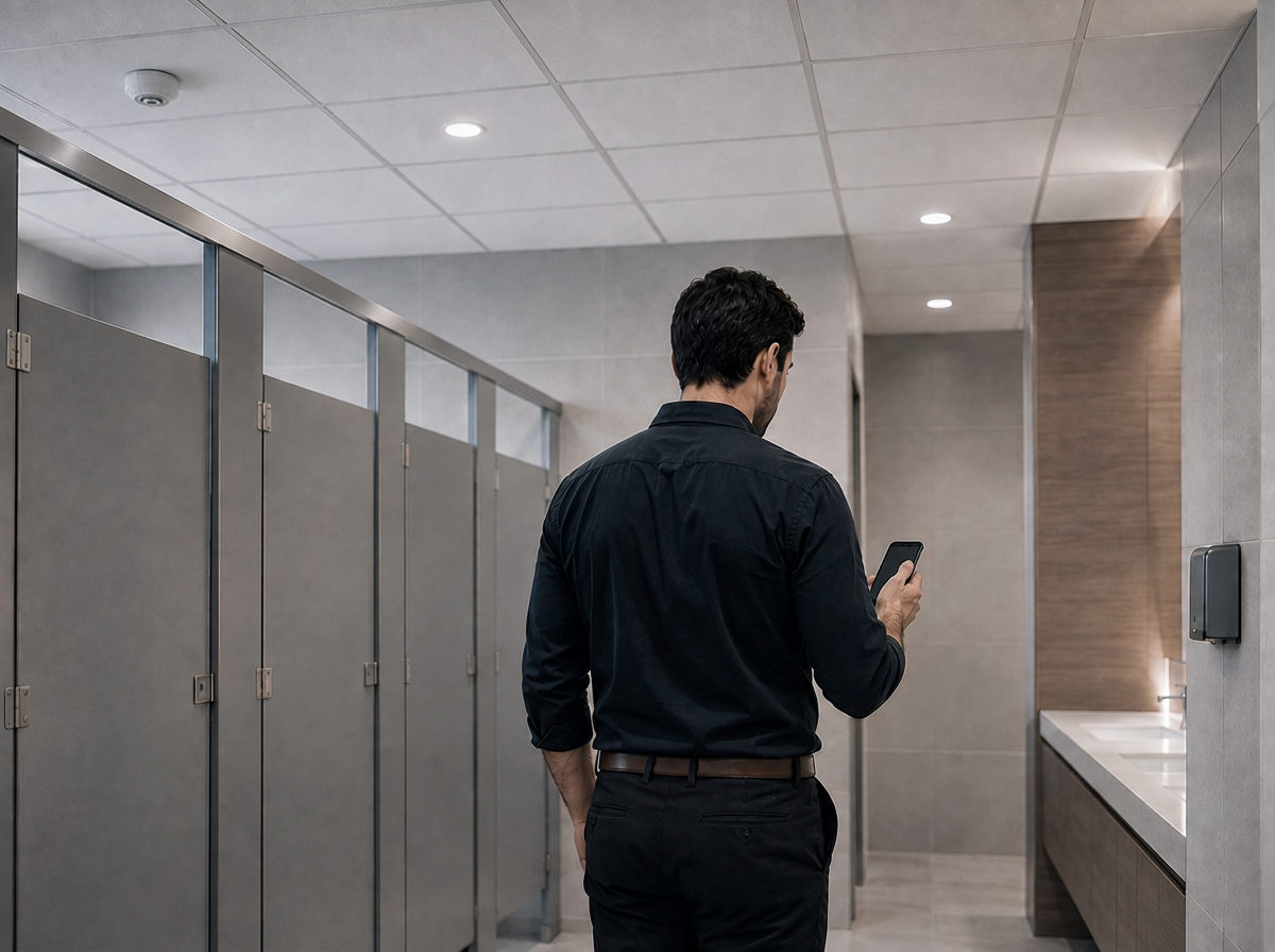 Staff member responding to a vape detection alert on a phone in a washroom corridor