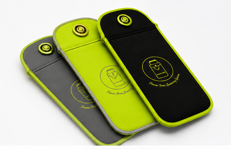 Stacked PhoneLock pouches in neon green, grey and black