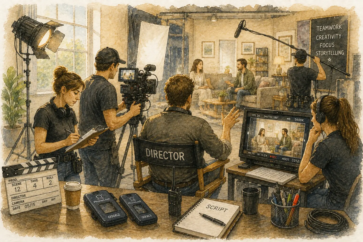 Film set crew using PhoneLock pouches to protect production secrecy