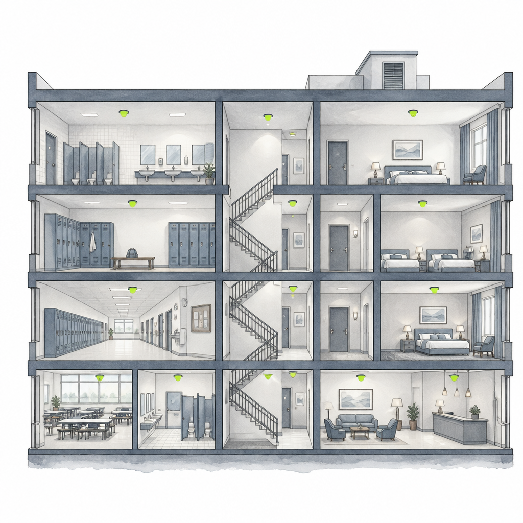 Cross-section illustration of a school and hotel building showing PhoneLock vape detectors installed in washrooms, locker rooms, corridors and hotel rooms