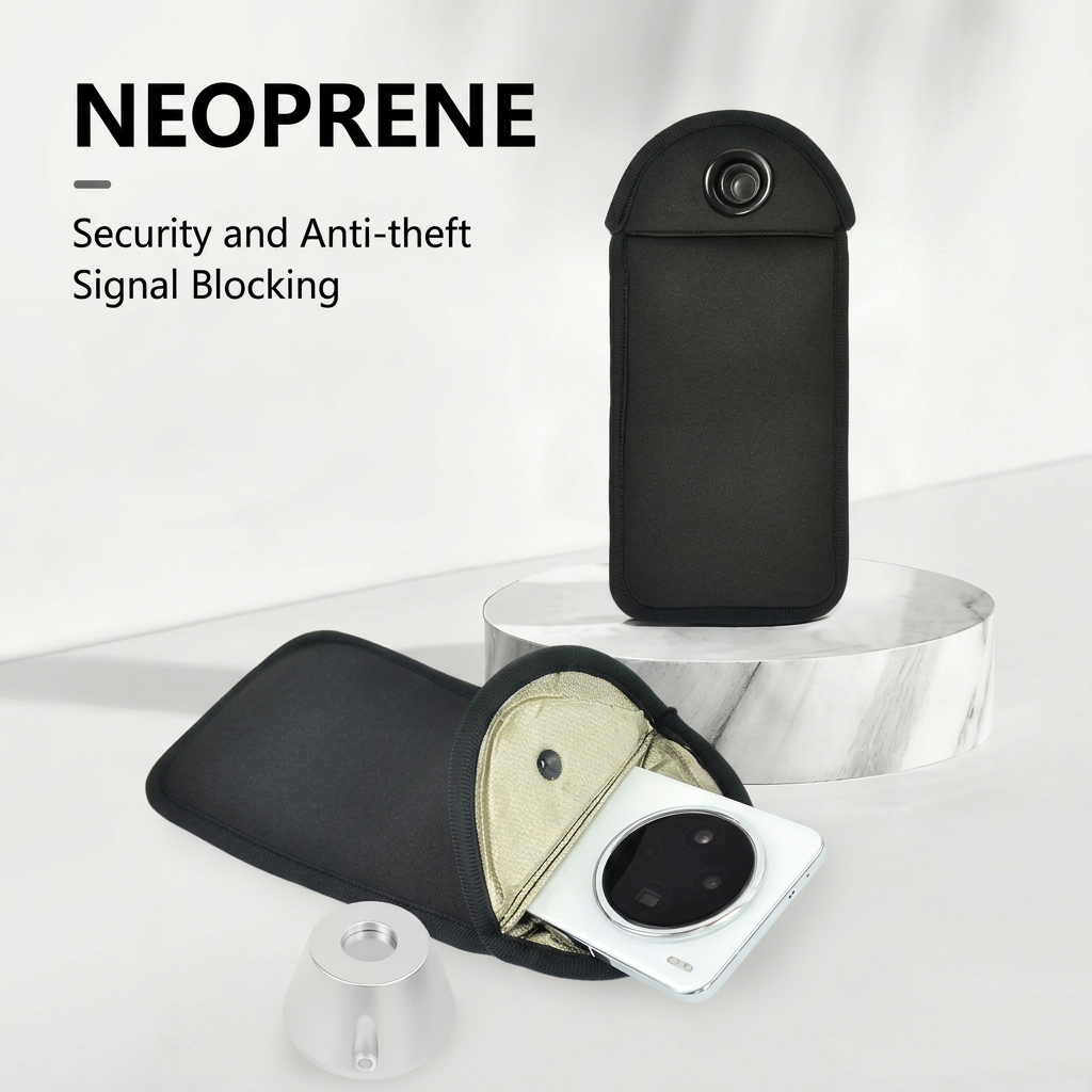 Black neoprene PhoneLock pouch with a phone and silver magnetic unlocker