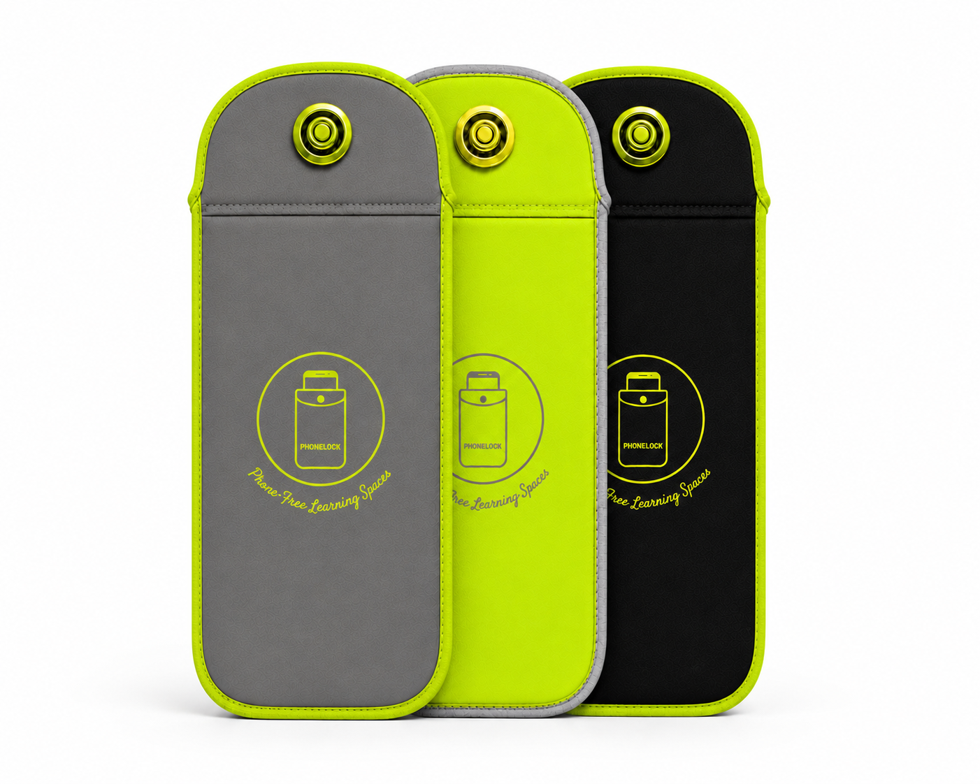 Grey, neon green and black PhoneLock neoprene phone locking pouches standing side by side
