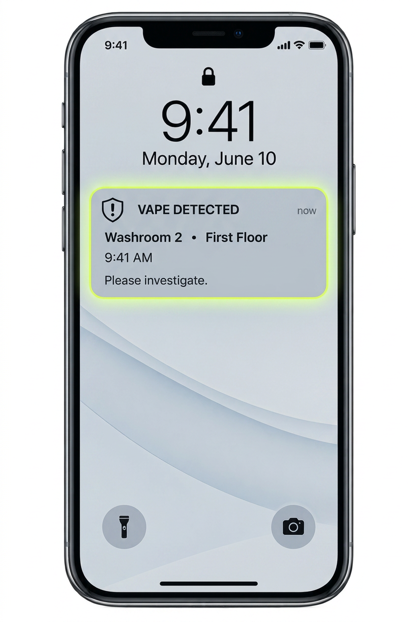 Phone showing a VAPE DETECTED alert for Washroom 2 First Floor