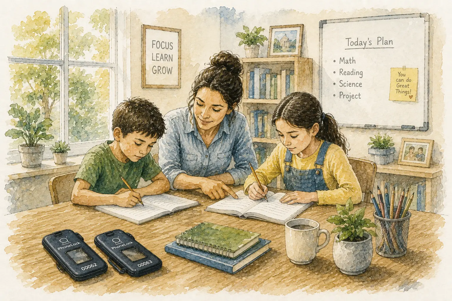 Home-school student using a PhoneLock pouch during study time