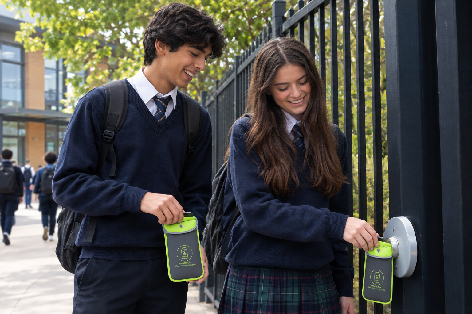 Students unlocking PhoneLock pouches at a magnetic release station outside their school