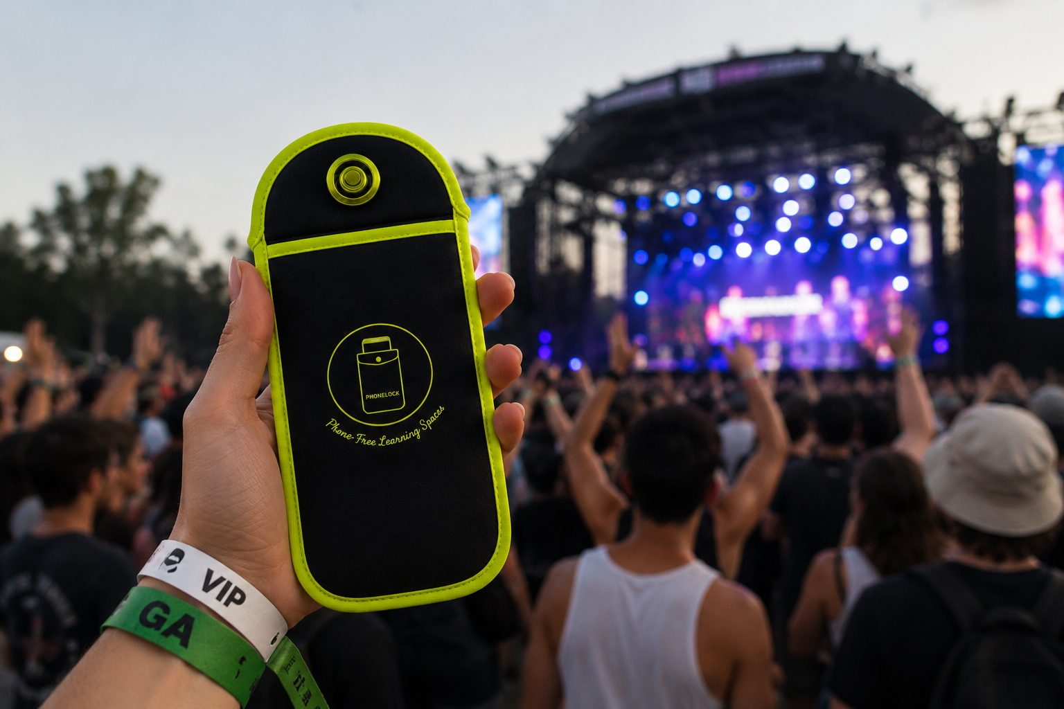 PhoneLock pouch held up in front of a live festival stage