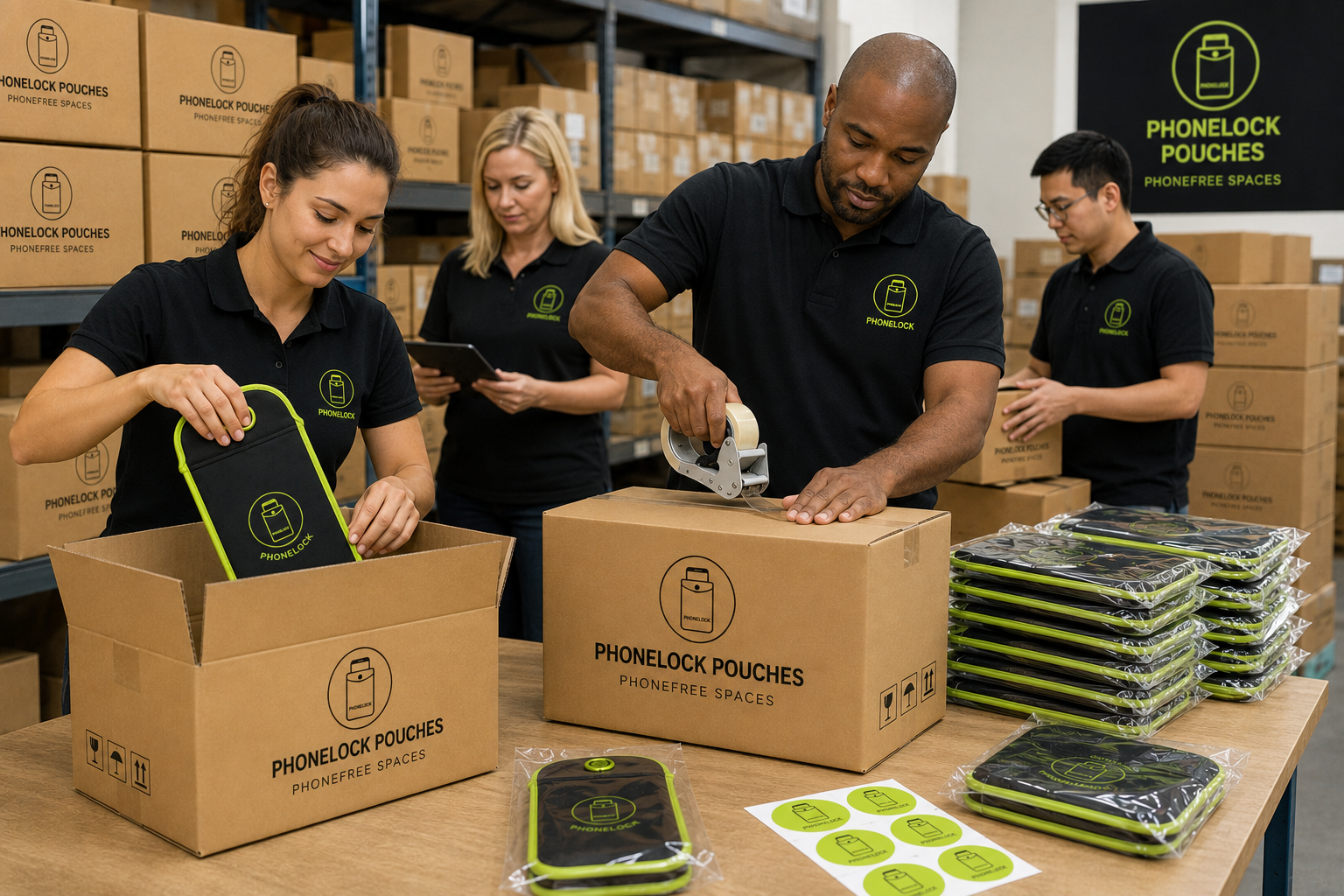 PhoneLock warehouse team packing phone locking pouches for shipment to Denmark
