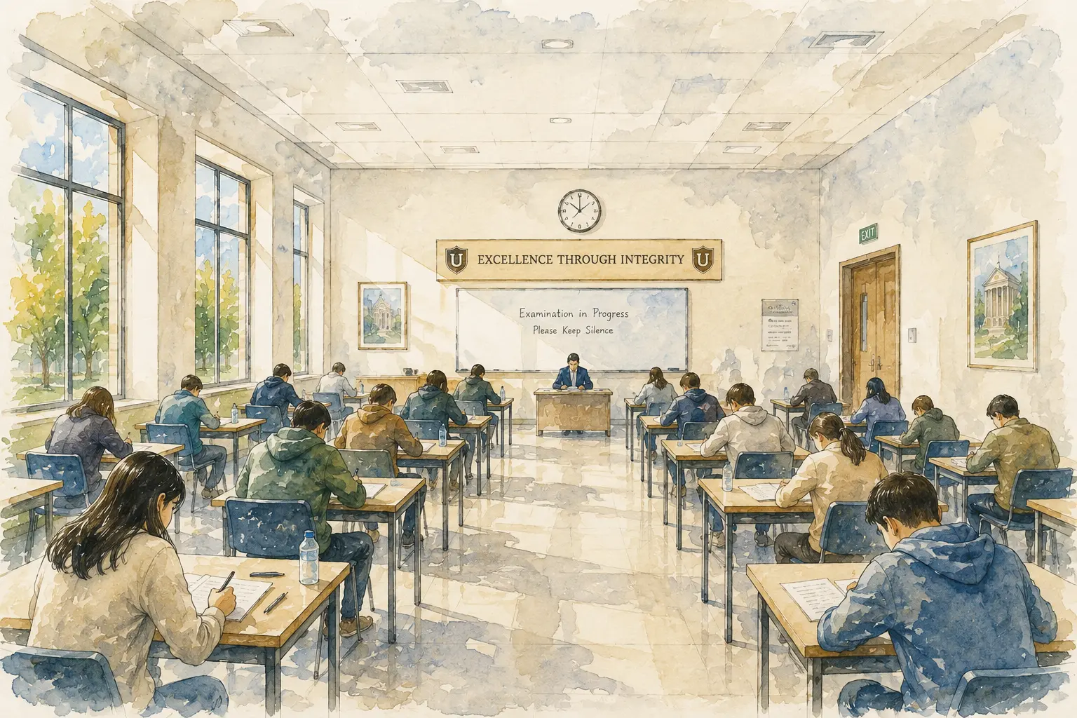 Exam invigilator using PhoneLock pouches at a test centre