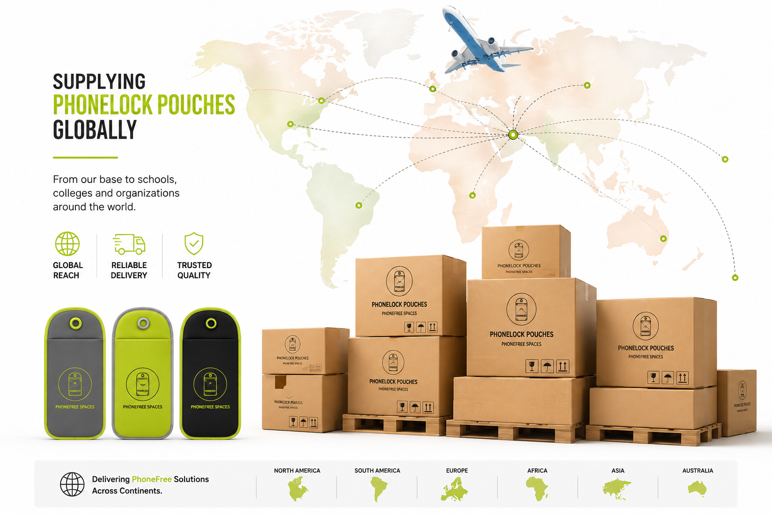 Map showing PhoneLock pouches supplied globally, including shipping to Denmark