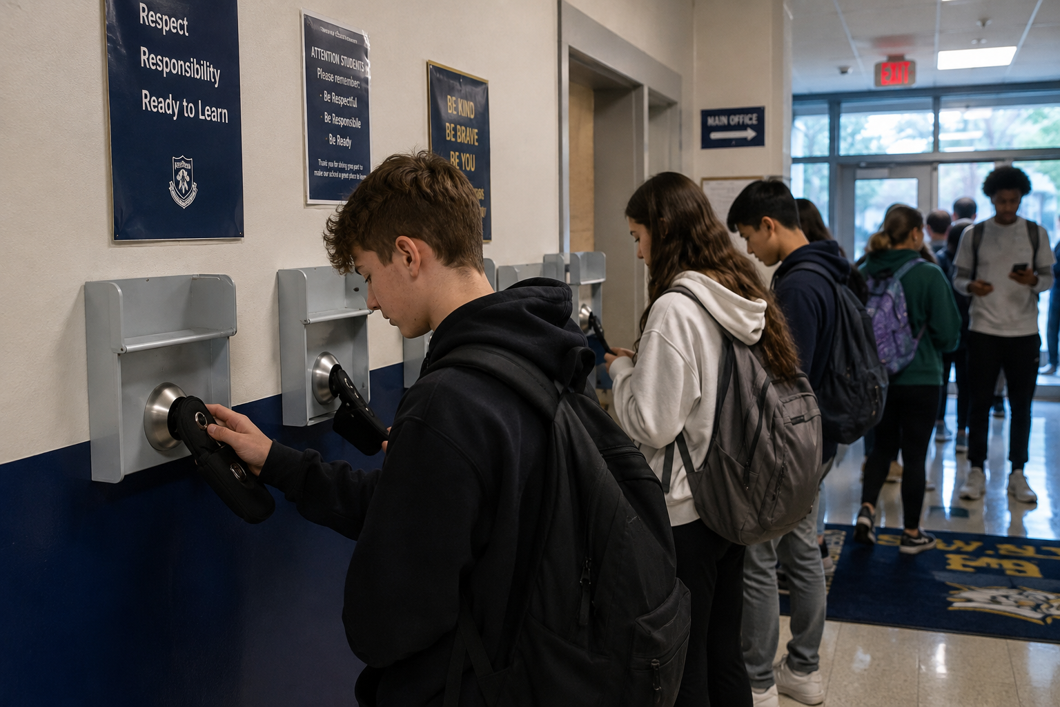 High school students unlocking phone pouches at wall-mounted magnetic key stations on their way out of a phone-free school