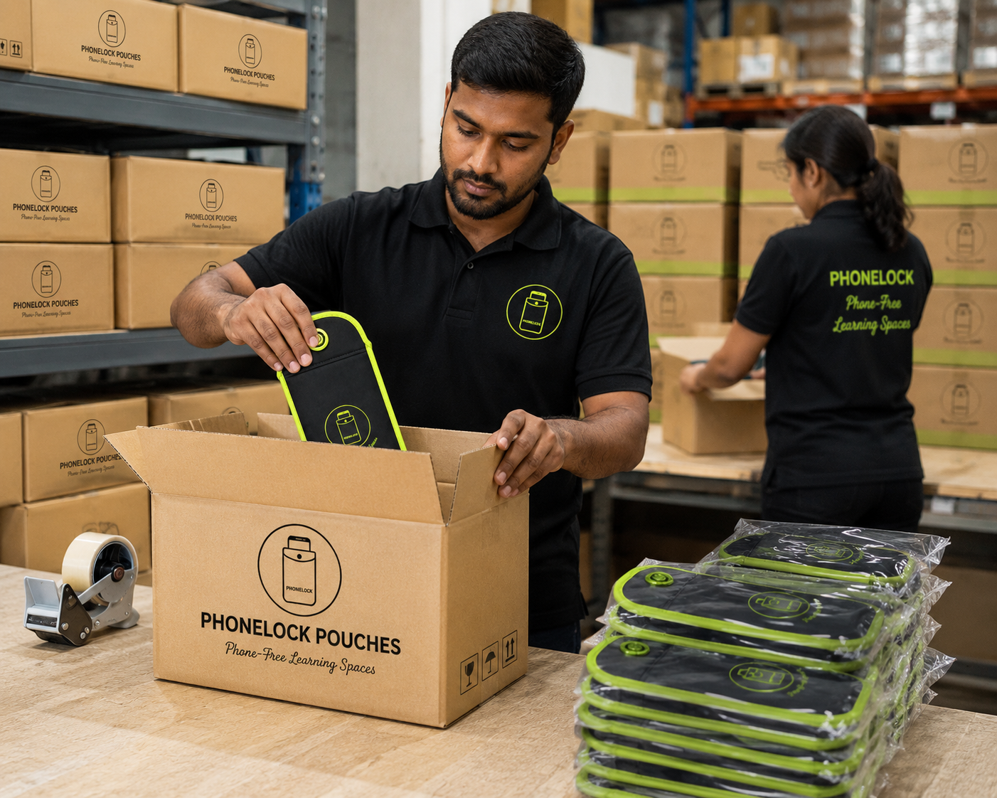 Close-up of a PhoneLock phone locking pouch being packed for an order to Denmark