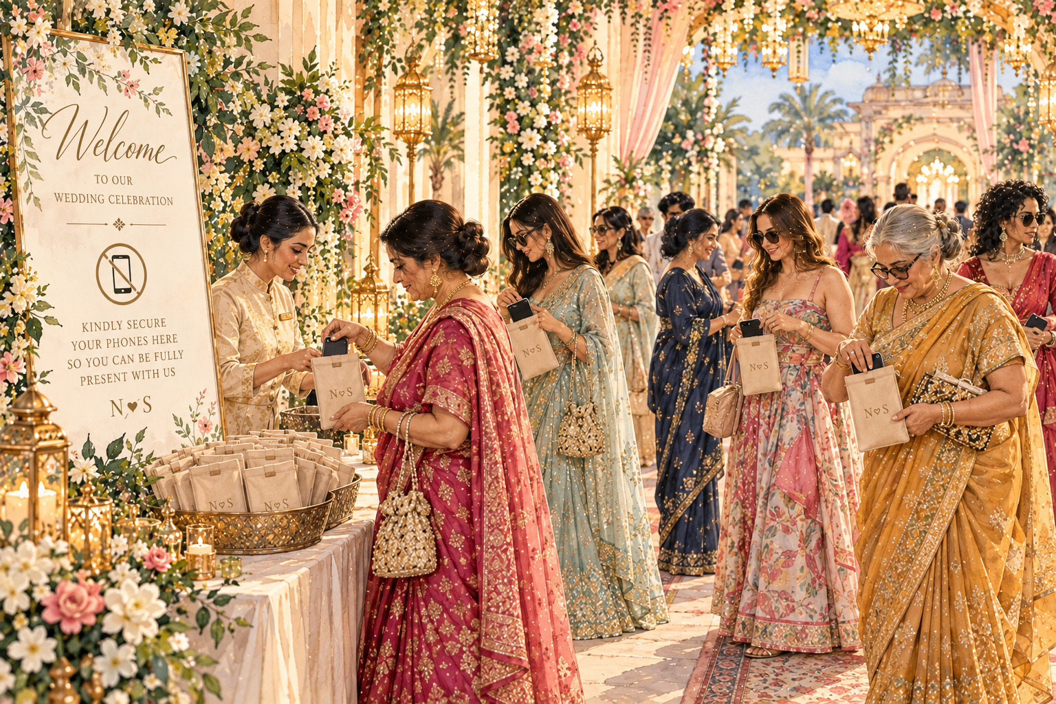 Guests at an Indian wedding placing their phones into pouches at the welcome desk by the entrance