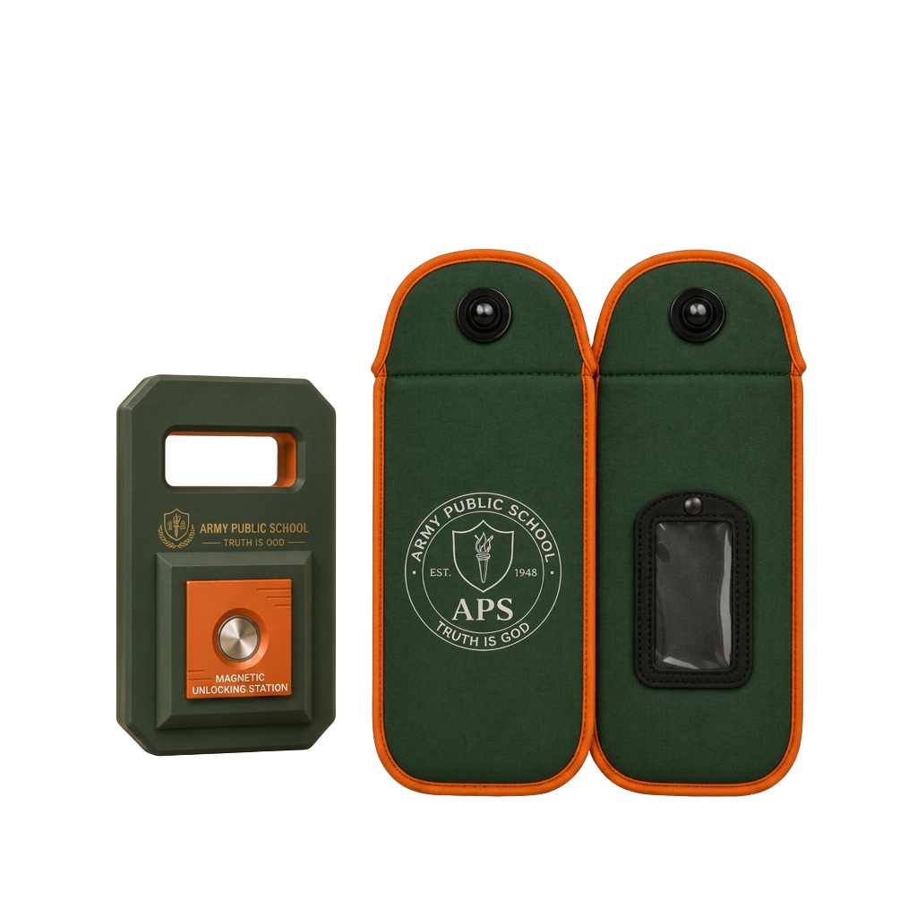 PhoneLock unlocking station beside green branded school pouches