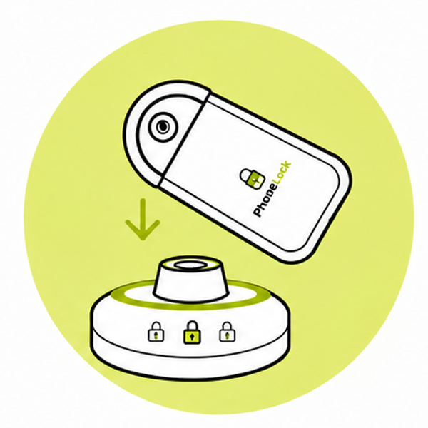 Step 3: Tapping the sealed PhoneLock pouch on an unlocking station to retrieve the phone