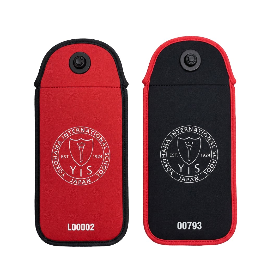 Red and black branded PhoneLock pouches with magnetic lock tags