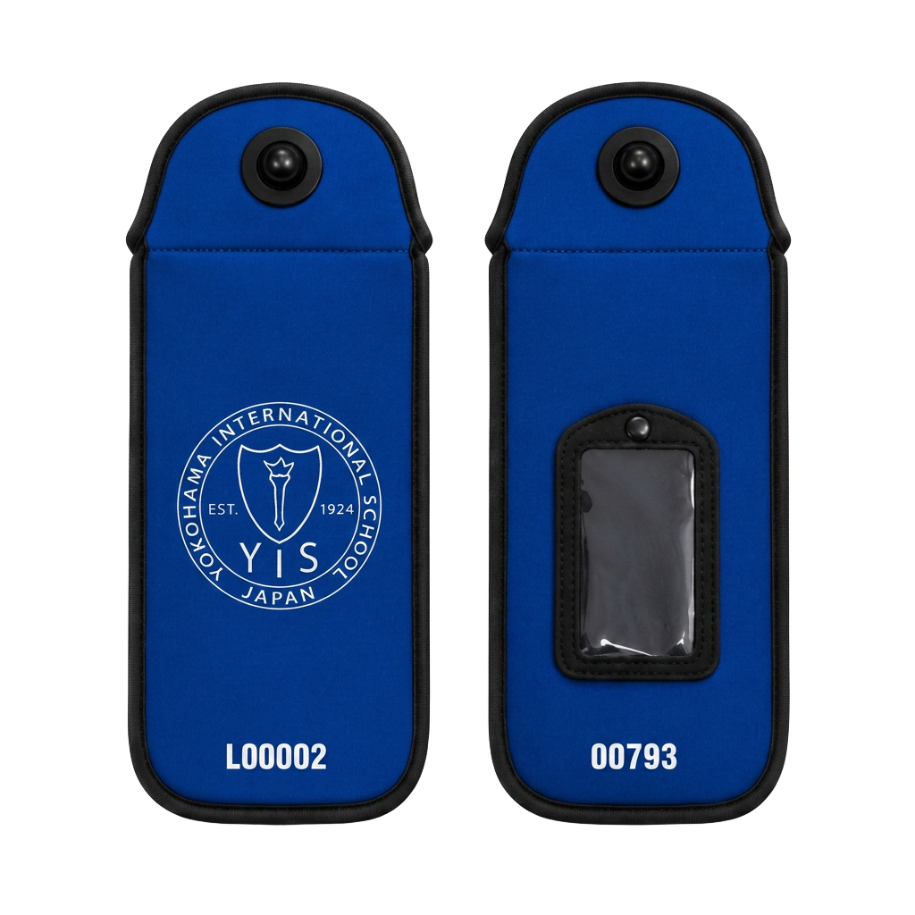 Blue branded PhoneLock pouches showing front crest and ID window