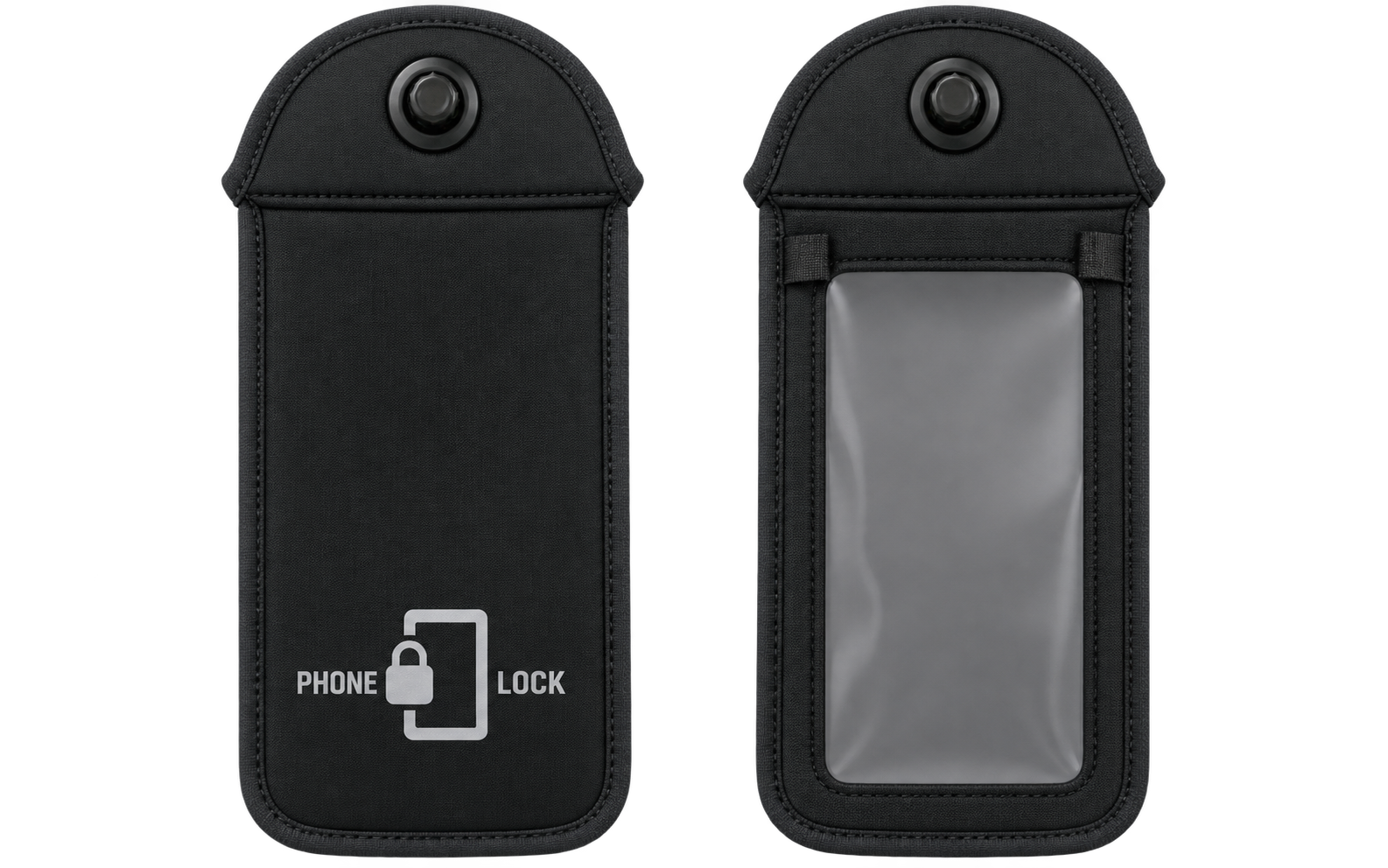PhoneLock transparent anti-camera event pouch showing the clear touch-through front and solid branded back