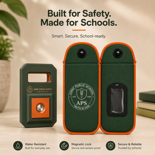 PhoneLock school set: branded pouches with an unlocking station