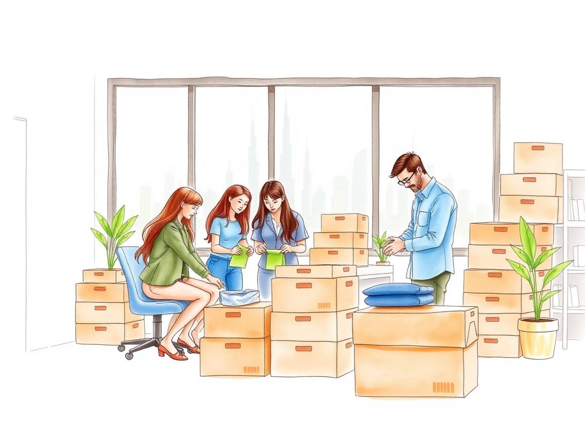 Illustration of the PhoneLock team in Dubai preparing and packing phone locking pouches for shipment