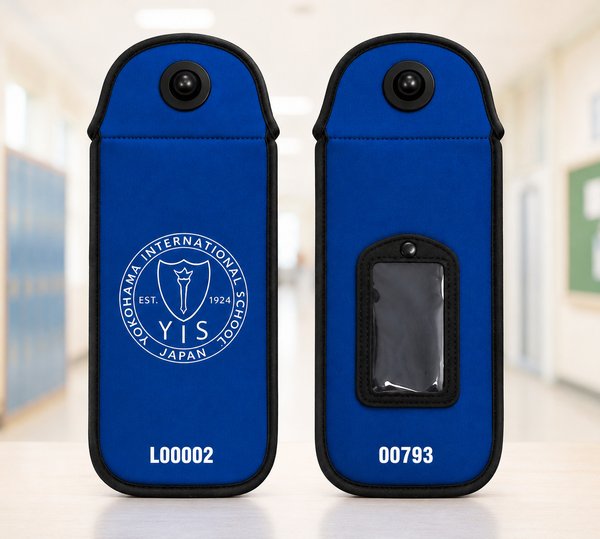 Blue branded PhoneLock pouches showing the ID window and magnetic lock