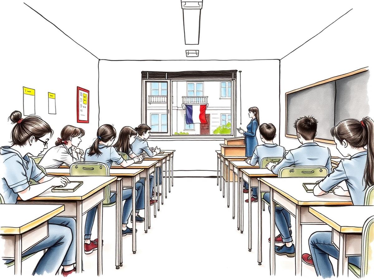 Students in a France classroom with phones sealed in PhoneLock pouches