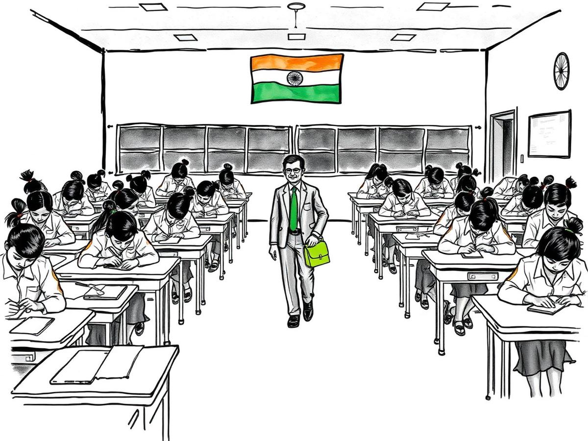 Students in a India classroom with phones sealed in PhoneLock pouches