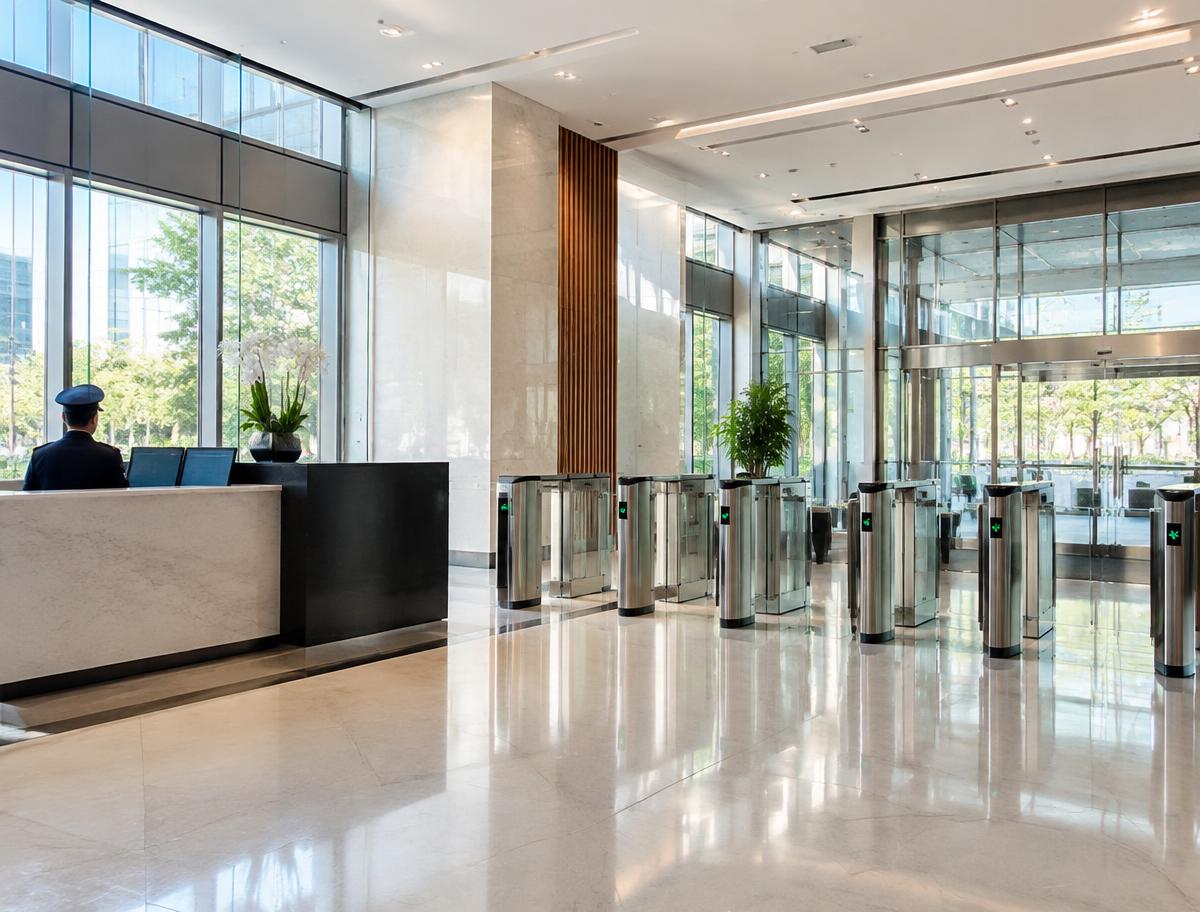 Corporate office entrance with a security desk and access-control gates, where staff seal their phones into PhoneLock pouches