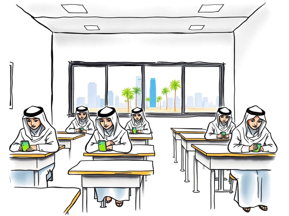 Students in a Saudi Arabia classroom with phones sealed in PhoneLock pouches