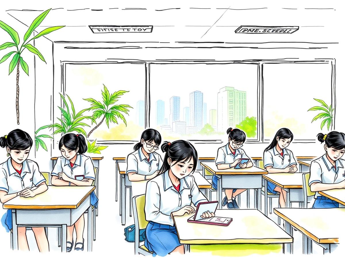 Students in a Singapore classroom with phones sealed in PhoneLock pouches