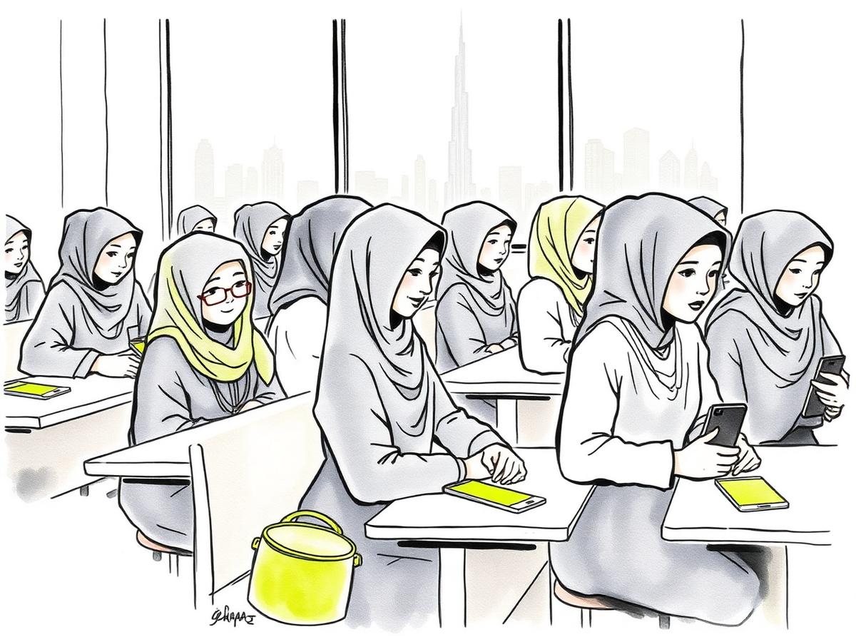 Students in a United Arab Emirates classroom with phones sealed in PhoneLock pouches