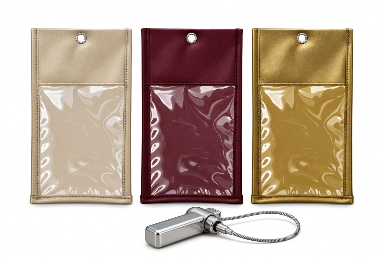 Transparent-window PhoneLock wedding pouches in beige, maroon and gold with the PhoneLock Portable Unlocker